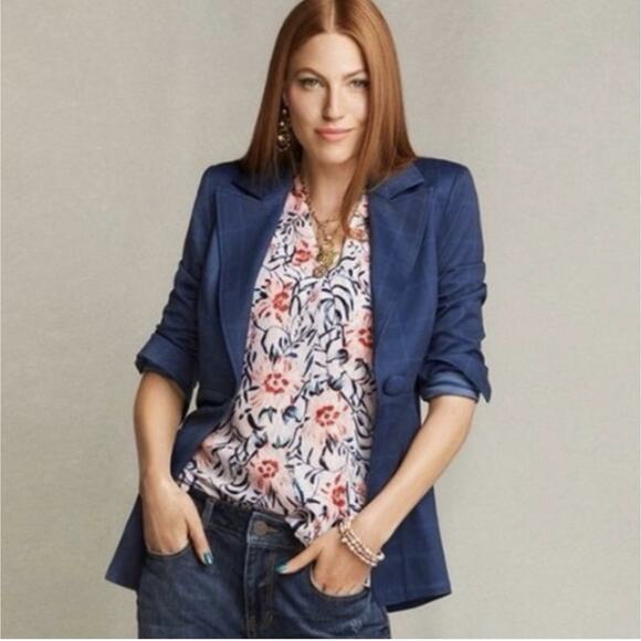 CABI #5475 Sunset Kiss Plaid Blue Blazer Jacket Size 8 Windowpane Preppy Office - Picture 1 of 14